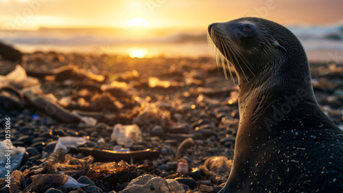 Close-up portrait of a young fur seal against the backdrop of a rocky sea beach. in the rays of the setting sun, banner of World Wildlife Day and violation of the natural habitat of wild animals