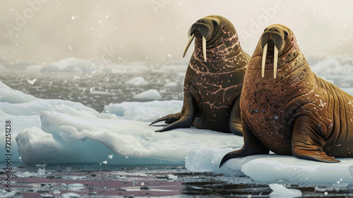 Banner with walruses swimming on an ice floe, melting ice and climate change, ocean plastic pollution, concept for World Wildlife and Ecology Day photo