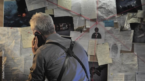 police detective male standing at the evidence board calling at the phone,policeman officer working on the murder case,crime investigation concept
 photo