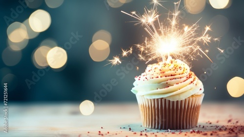 Scrumptious cupcake sparkling in celebration on a white table with beautiful bokeh lights