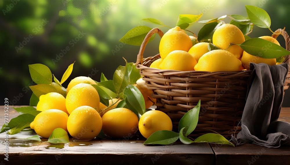 basket with lemons. basket full of lemons. citrus fruit lemon still photography in nature. lemons and leaves in a basket. lemon picking season.