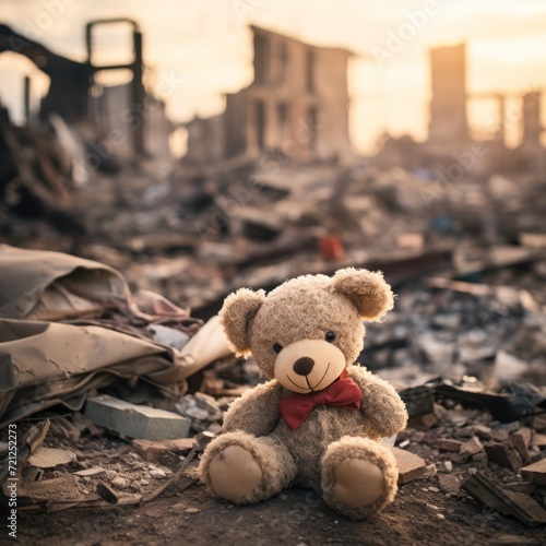 lonely teddy bear on the street full of ruins and debris