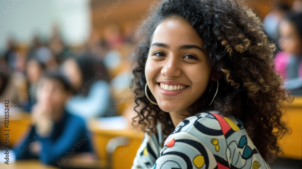 Joyful Young Student with Curly Hair Smiling in University Class