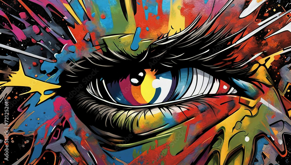 Kaleidoscope Graffiti Eye. A vivid  a multicolored iris containing hues of blue, yellow, red and green amidst in a colorful explosion, symbolizing creativity and diversity.