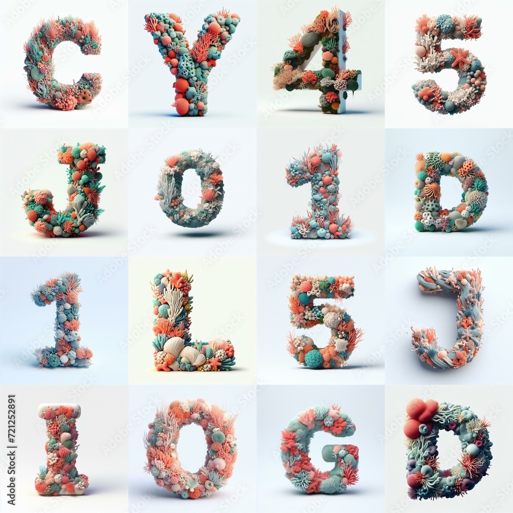 Naklejka premium Lettering typography shape blends corals with marine flora. AI generated illustration