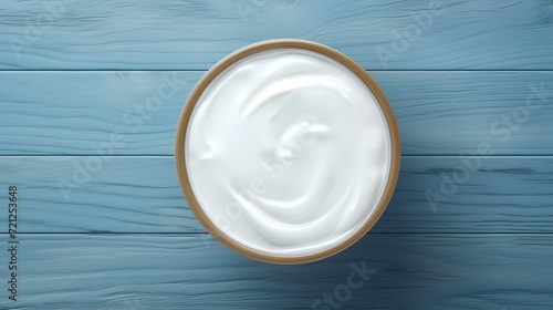 Greek Yogurt in Bowl on Blue Wooden Table Top

 photo