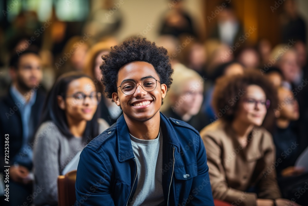 In this vibrant image, a confident black university student is captured in a brightly lit classroom, actively participating in a lecture In this vibrant image, a confident black university student is captured in a brightly lit classroom, actively participating in a lecture