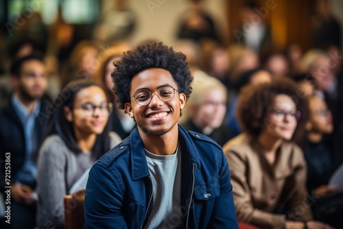 In this vibrant image, a confident black university student is captured in a brightly lit classroom, actively participating in a lecture © Silvana