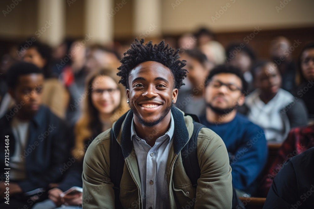 In this vibrant image, a confident black university student is captured in a brightly lit classroom, actively participating in a lecture