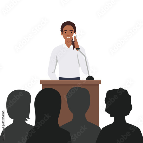 Young woman feeling fear and anxiety before stage speech. Nervous shy speaker with fright of audience. Lecturer sweating at public speaking. Flat vector illustration isolated on white background
