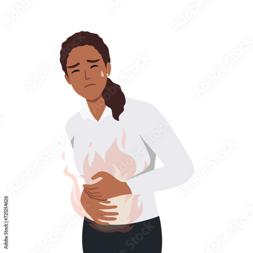 Young woman feel pain in stomach vector illustration. Stomach acid reflux disease and digestive system problem. Heartburn concept. Flat vector illustration isolated on white background