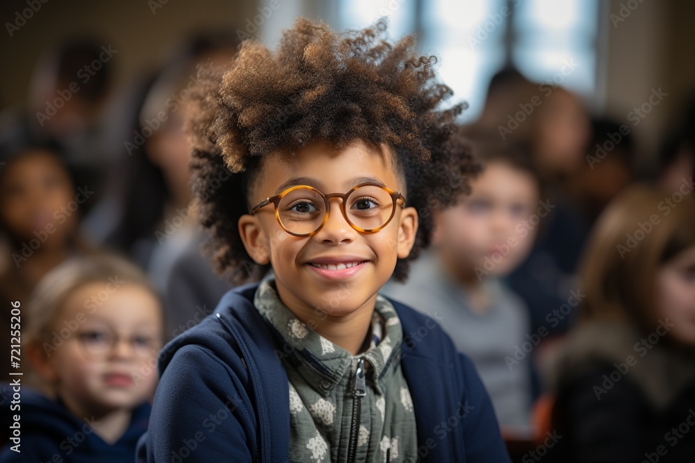 Fototapeta premium In this vibrant image, a confident black university student is captured in a brightly lit classroom, actively participating in a lecture