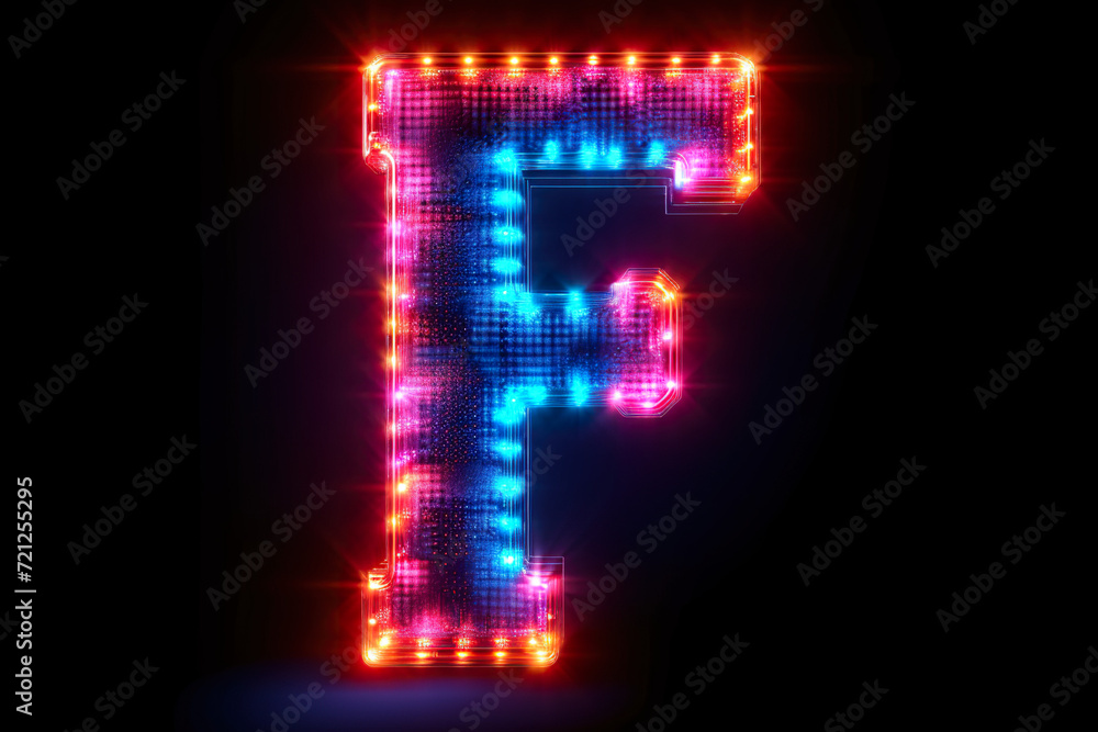 Letter F - colorful glowing outline alphabet symbol on blue lens flare dark background