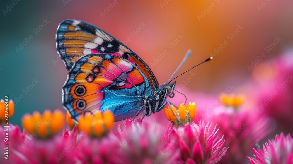 Colorful Butterfly Macro, Close-up of a vibrant butterfly resting on a flower, showcasing intricate details and colors Colorful Butterfly Macro, Close-up of a vibrant butterfly resting on a flower, showcasing intricate details and colors