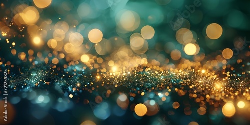 Abstract blur bokeh banner background. Gold bokeh on defocused emerald green background, Generative AI