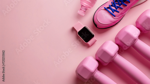 Pink fitness equipment, kettlebells, dumbbells, training sneakers and smart watch tracker, monochrome pink objects arranged in right corner on pastel pink background with copy space © Favebrush