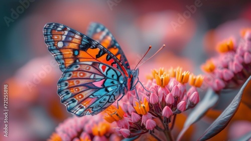 Colorful Butterfly Macro, Close-up of a vibrant butterfly resting on a flower, showcasing intricate details and colors © Nico