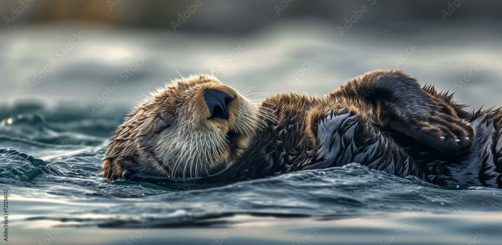 Portrait of a sea otter sleeping peacefully on the sea, concept banner for World Wildlife Day and marine ecology protection Portrait of a sea otter sleeping peacefully on the sea, concept banner for World Wildlife Day and marine ecology protection