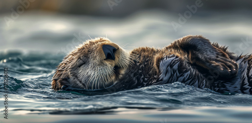 Portrait of a sea otter sleeping peacefully on the sea, concept banner for World Wildlife Day and marine ecology protection