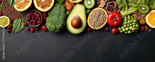 Top view of colorful vegetable mix with nuts with dark background. Healthy food concept. Fresh vegetable  raw food. Copy space for free text
