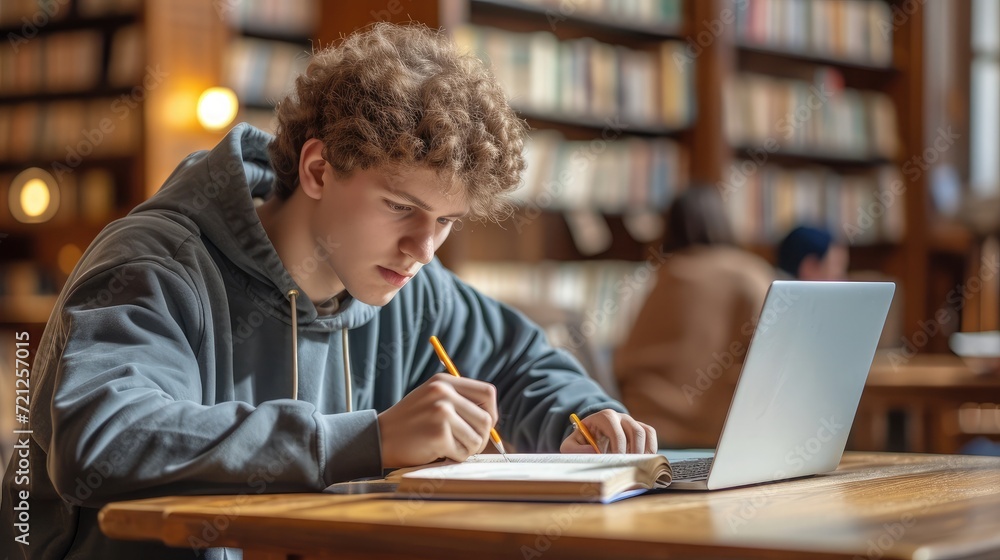 Concentrated teen male student in casual clothes sitting at wooden table with laptop and writing notes while preparing for exam in library Concentrated teen male student in casual clothes sitting at wooden table with laptop and writing notes while preparing for exam in library