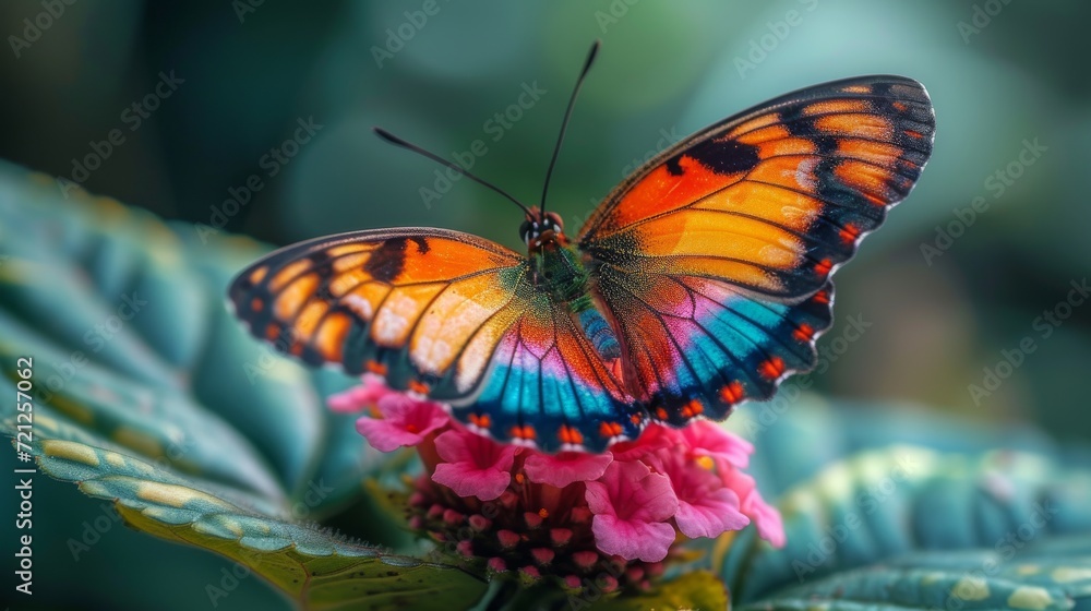 Obraz premium Colorful Butterfly Macro, Close-up of a vibrant butterfly resting on a flower, showcasing intricate details and colors