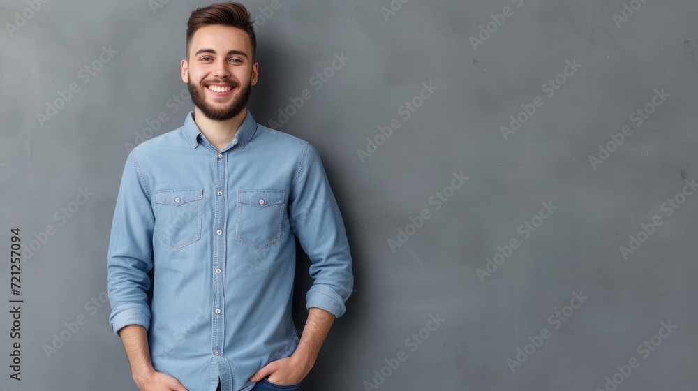 Confidence and business concept. Portrait of charming successful young entrepreneur in blue-collar shirt