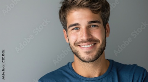 Close up portrait of smiling handsome guy in blue t-shirt isolated on gray background