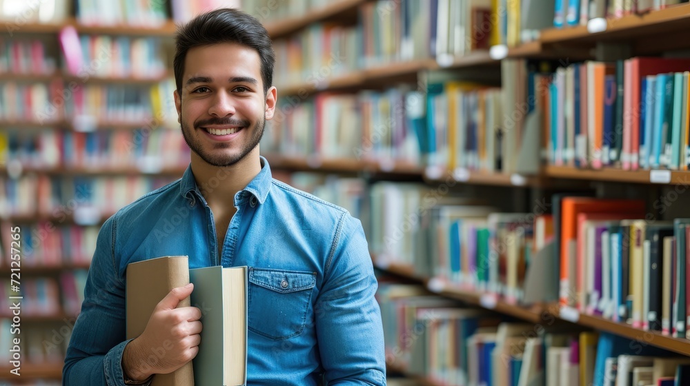 Confident handsome student holding books and smiling at camera, library bookshelves on background, learning and education concept Confident handsome student holding books and smiling at camera, library bookshelves on background, learning and education concept