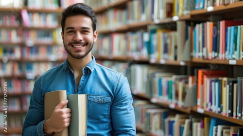Confident handsome student holding books and smiling at camera, library bookshelves on background, learning and education concept photo