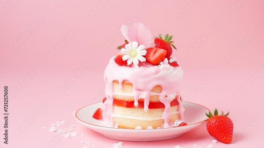 Cute bento cake with delicious cream on pink background – sweet treats, dessert delight, copy space available
