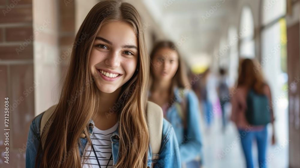 Happy teenage girl in hallway at high school looking at camera. Her friends are in the background
