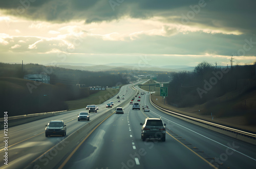 Cars Cruising Through the Countryside on a Serene Highway