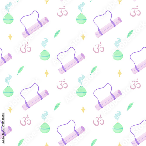 Seamless pattern of yoga, aromatherapy, meditation, incense and singing bowls. For your fabric or design. 