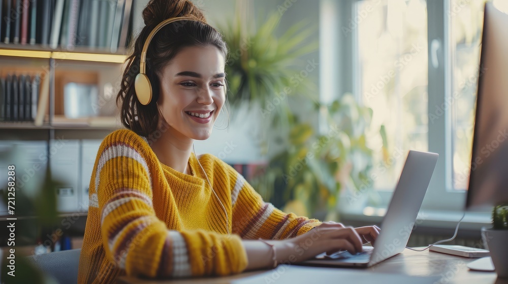 Happy young woman using laptop sitting at desk writing notes while watching webinar, studying online Happy young woman using laptop sitting at desk writing notes while watching webinar, studying online