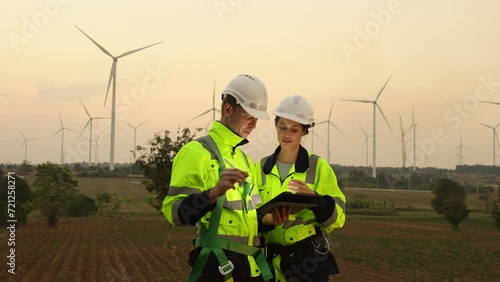 Professional technician worker man and woman with safety suit stand together using tablet to discuss work in front of windmill or wind turbine with evening light in area of power plant.