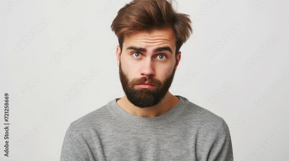 Isolated shot of young handsome male with beard, mustache and trendy hairdo, wears casual grey sweater Isolated shot of young handsome male with beard, mustache and trendy hairdo, wears casual grey sweater