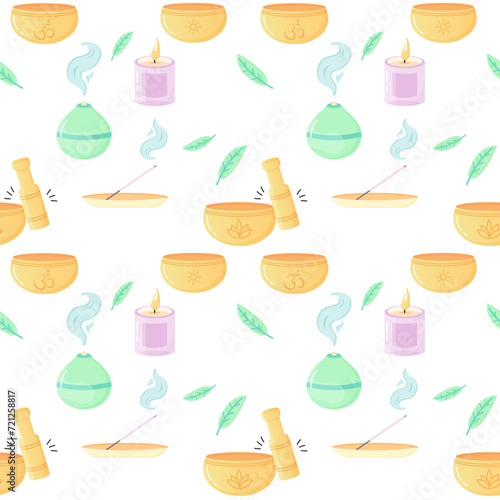 Seamless pattern of yoga, aromatherapy, meditation, incense and singing bowls. For your fabric or design. 