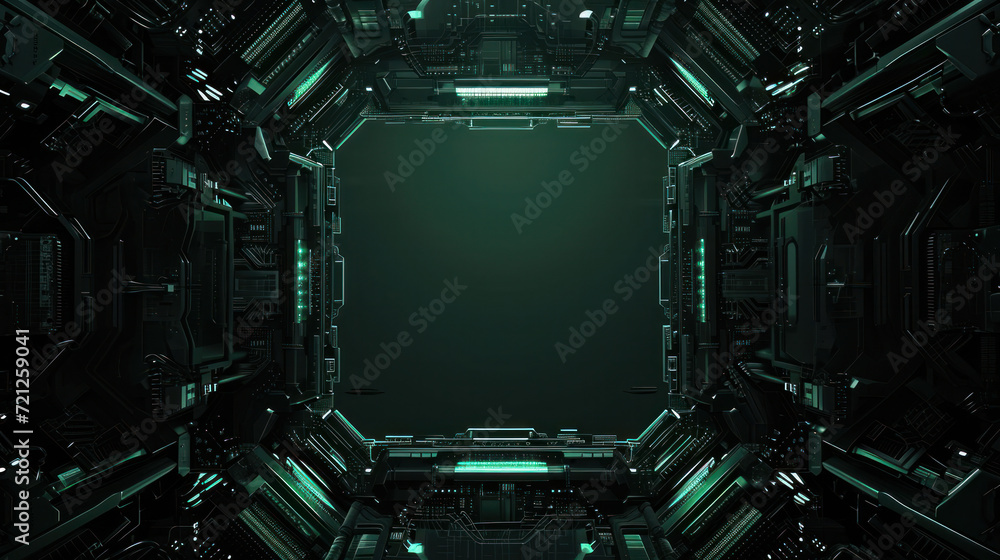 Fototapeta premium A deep perspective view of a futuristic spaceship corridor with intricate details and neon green lighting accents, invoking a sense of advanced technology