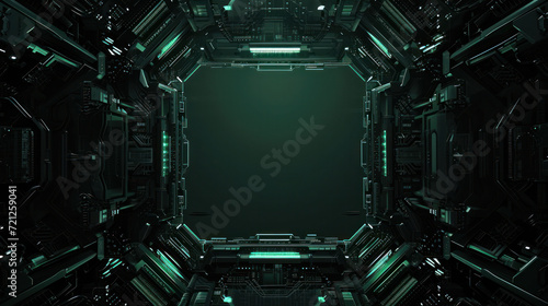 A deep perspective view of a futuristic spaceship corridor with intricate details and neon green lighting accents, invoking a sense of advanced technology