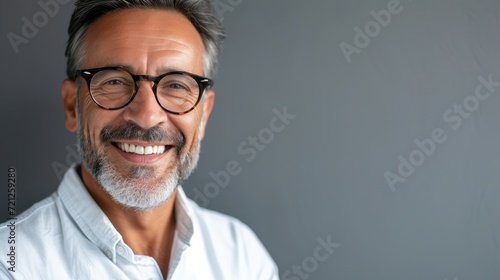 Portrait of a mature businessman wearing glasses on grey background. Happy senior latin man looking at camera isolated over grey wall with copy space.