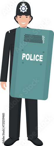 Standing British Policeman Officer with Metal Protective Shield in Traditional Uniform Character Icon in Flat Style. Vector Illustration