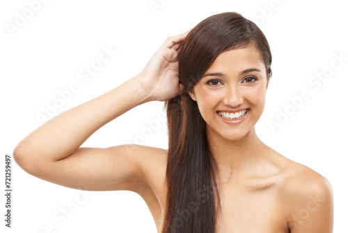 Wallpaper Mural Hair care, woman and portrait or happy in studio with keratin treatment, soft texture and shampoo shine. Model, Indian person and face with hairstyle, cosmetics and collagen glow on white background Torontodigital.ca