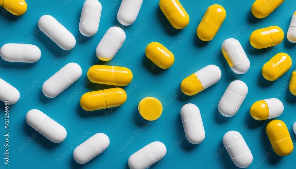 A bunch of white and yellow pills on a blue background