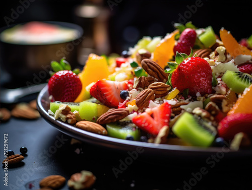 Close up photo of fresh fruit and nuts on plate  healthy food concept