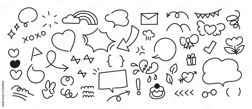 Set of cute pen line doodle element vector. Hand drawn doodle style collection of speech bubble, arrow, heart, wind. Design for decoration, sticker, idol poster, social media. - obrazy, fototapety, plakaty 