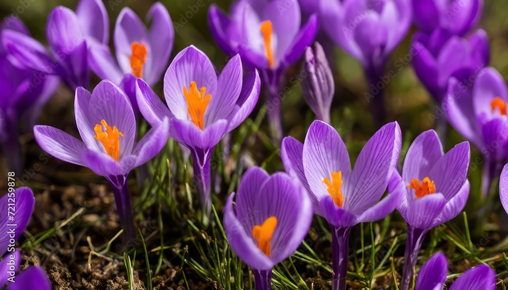 A field of purple flowers with yellow centers A field of purple flowers with yellow centers
