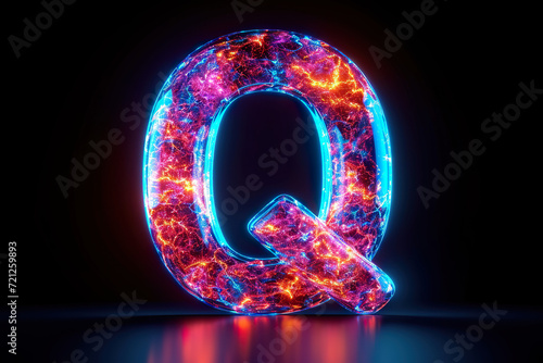 Letter Q - colorful glowing outline alphabet symbol on blue lens flare dark background