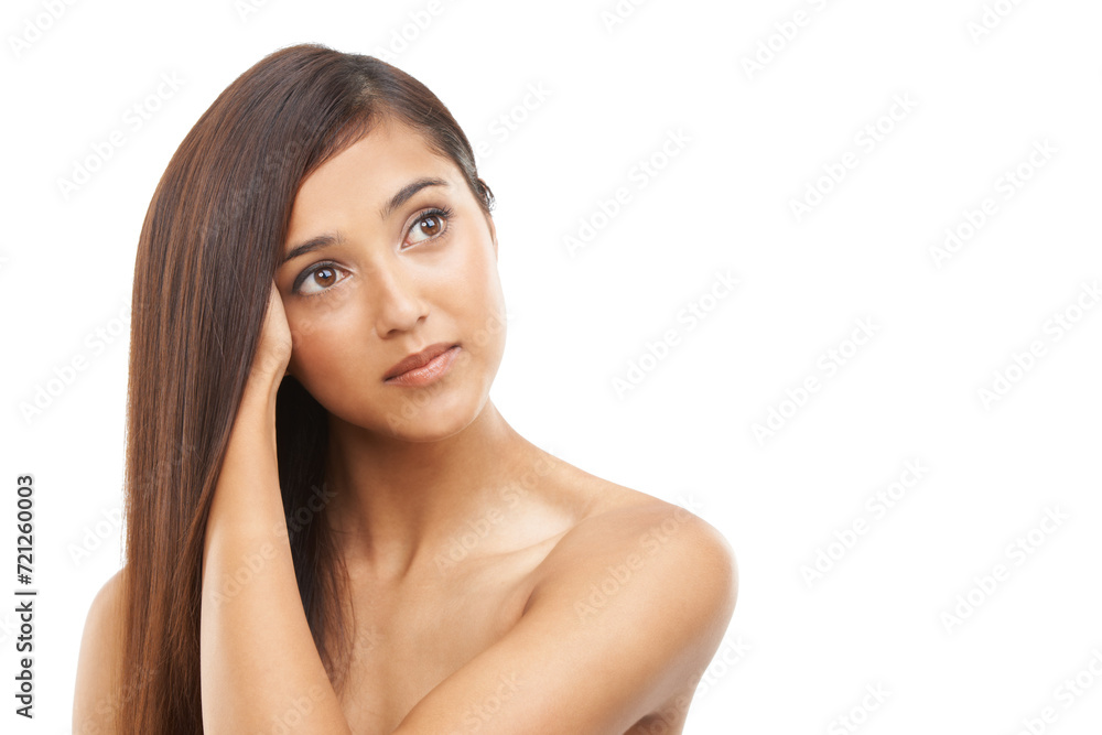 Hair care, woman and cosmetics or thinking in studio with keratin treatment, soft texture and shampoo shine on mockup. Model, person and beauty with hairstyle ideas, face and glow on white background Hair care, woman and cosmetics or thinking in studio with keratin treatment, soft texture and shampoo shine on mockup. Model, person and beauty with hairstyle ideas, face and glow on white background