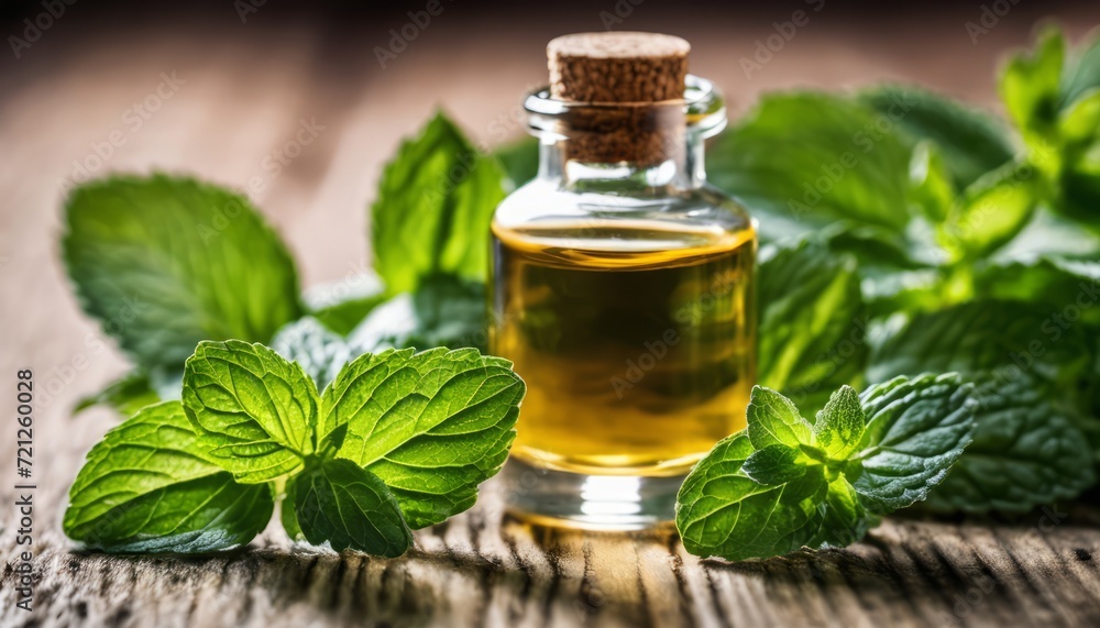 A bottle of oil with leaves on top of it A bottle of oil with leaves on top of it